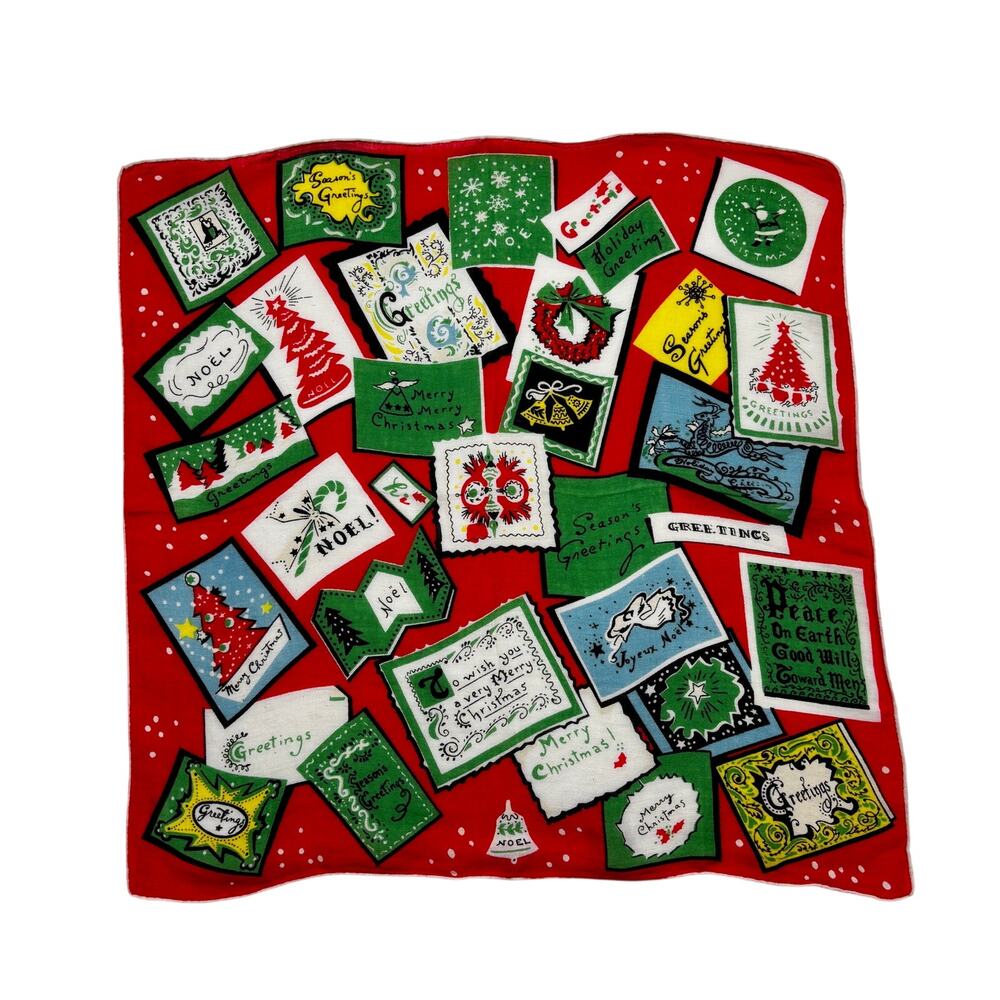 Vintage 1950s Christmas Cotton Handkerchief Retro Card Print Novelty Hanky Red